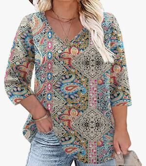 NWT Women's Plus Size XL V Neck 3/4 Sleeve Old Nation Design Casual Shirt